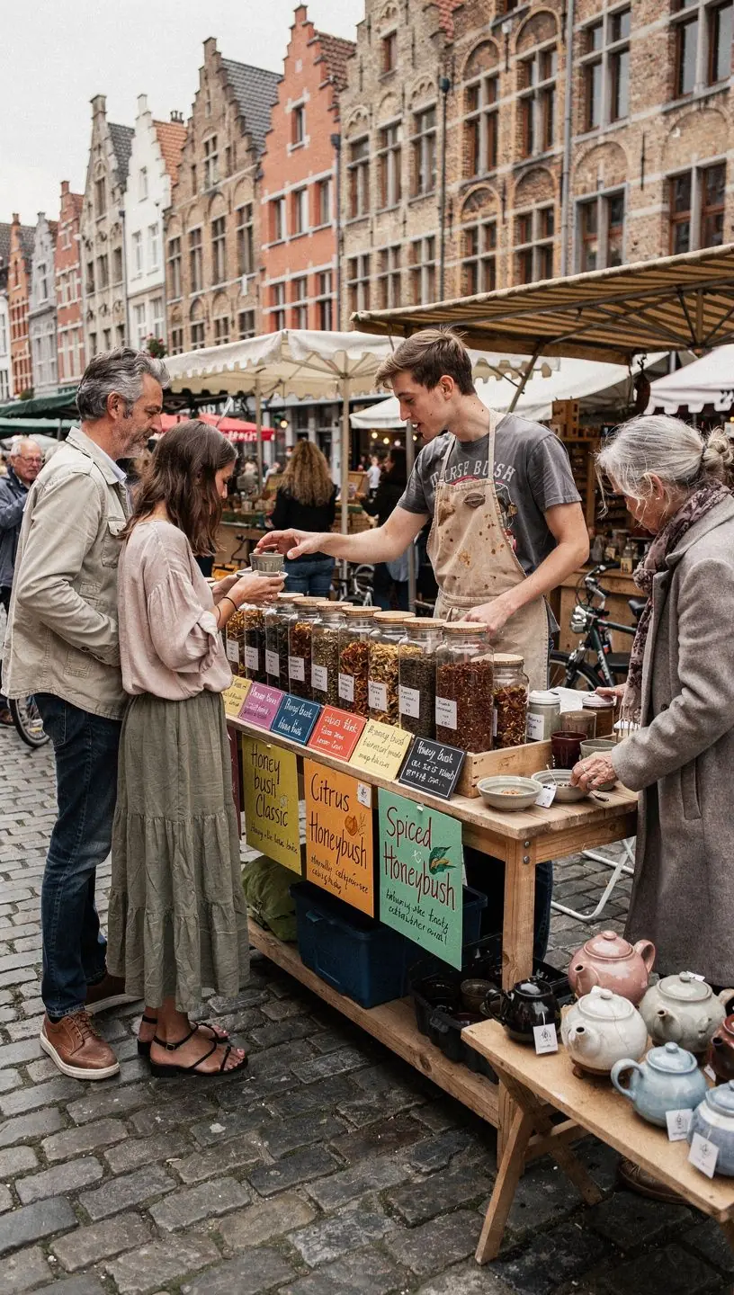 Une cuillère en bois remplie de miel, associée à une tasse de honeybush, évoquant la douceur naturelle de la boisson.