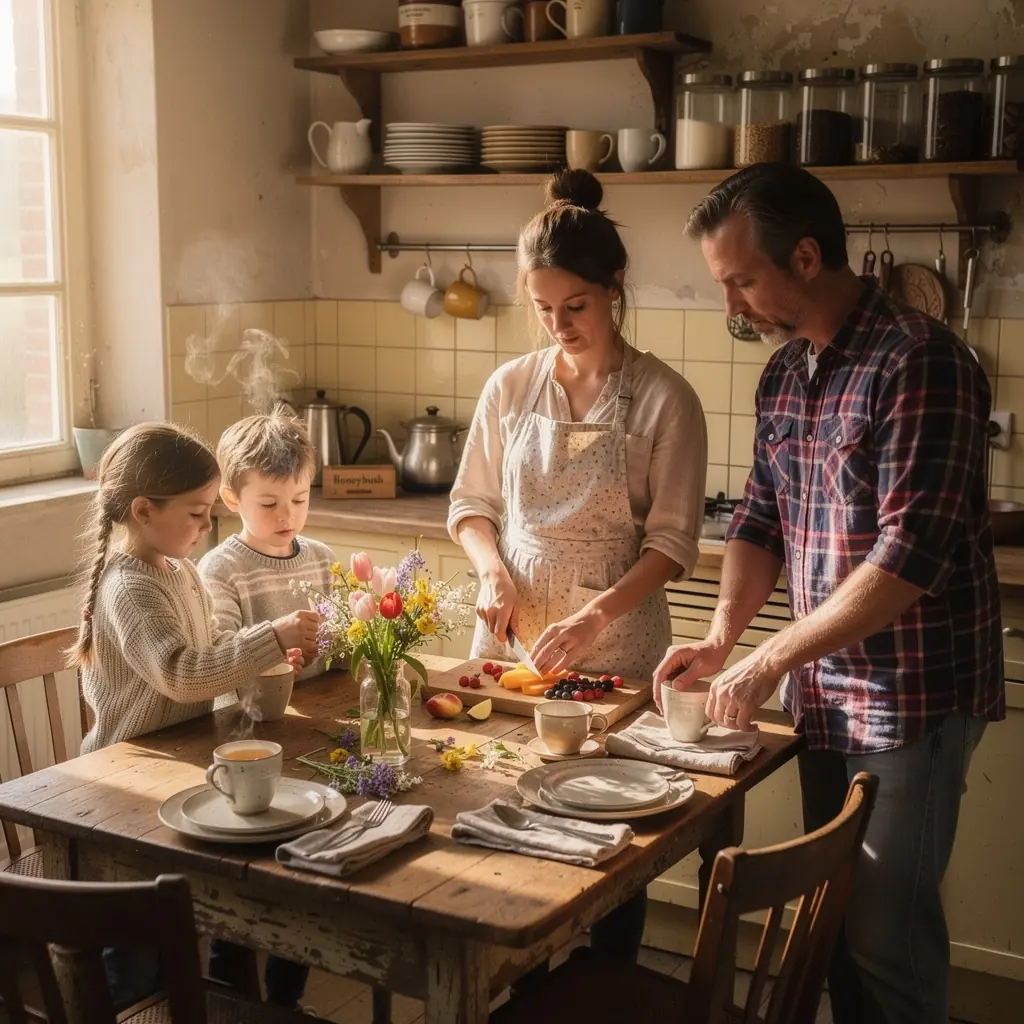 Une table en bois rustique dressée avec une théière de honeybush et des tasses, entourée de verdure.
